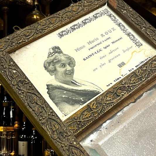 Specchio pubblicitario, anni 20, produzione vinicola in Cornice intarsiata