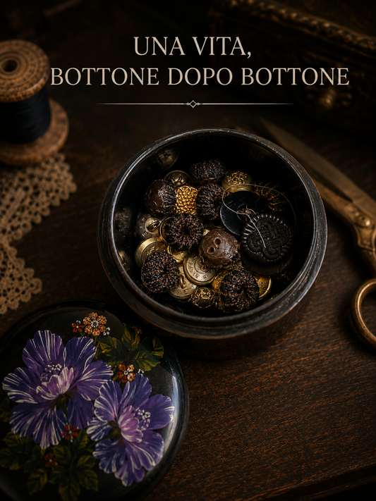 Scrigno scatola dei bottoni in legno laccato dipinto, con collezione da fine ‘800 a primi ‘900