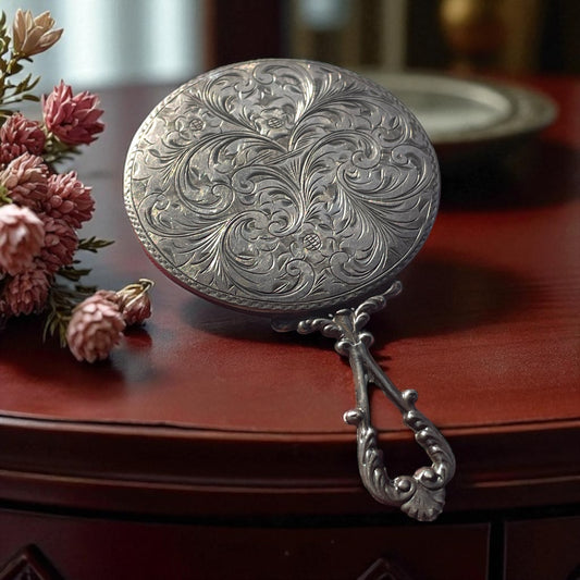 Specchio in argento 800 da toeletta, primo ‘900 finemente cesellato