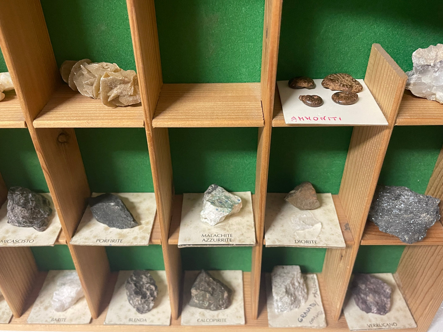 Bacheca con minerali e fossili, collezione cabinet des curiosites anni ‘80