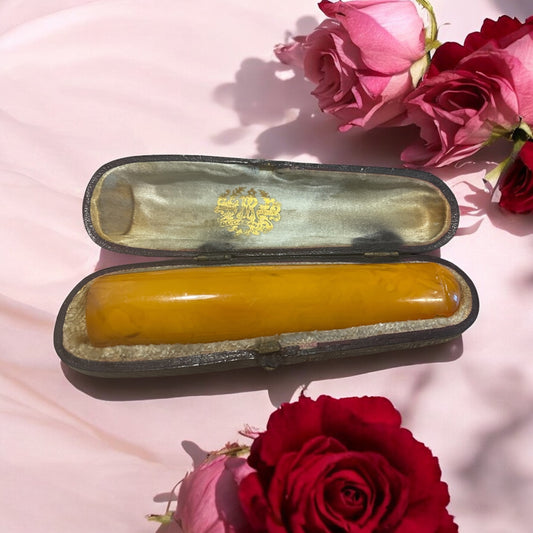 Antico bocchino da sigaro, bachelite marmorizzata, con custodia d’epoca