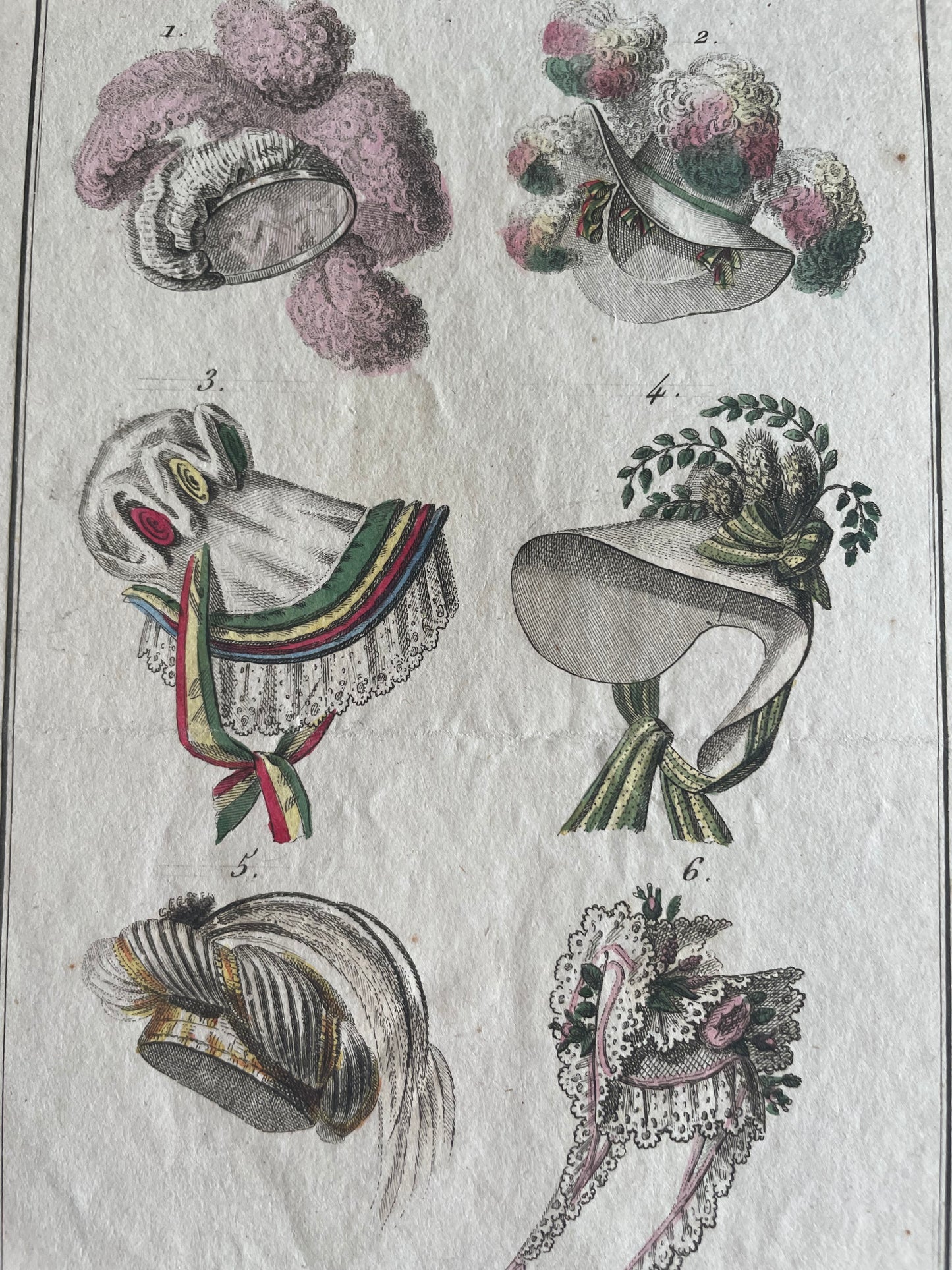 Lotto stampe 1819 acquerellate a mano, cappelli francesi, Observateur des Modes