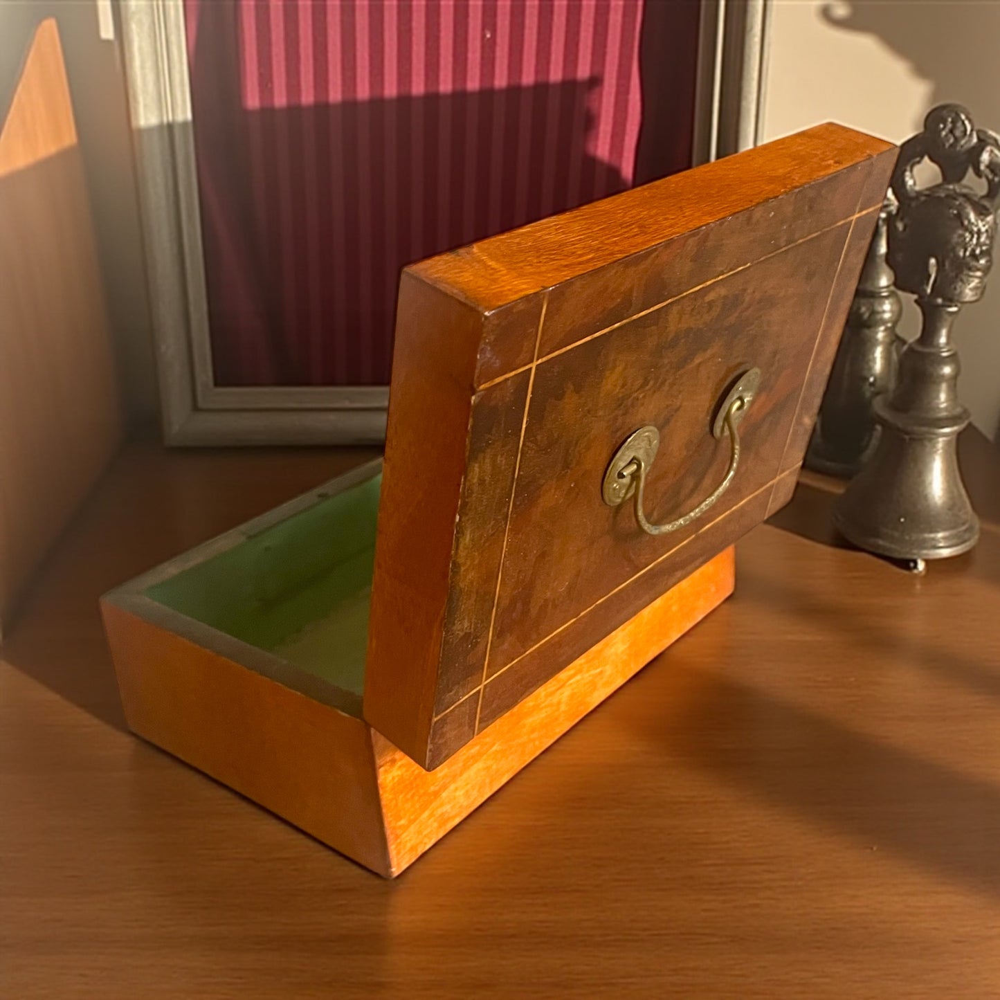 Cofanetto scatola porta gioie fine ‘800 con specchio e rivestimento in verde arsenicale