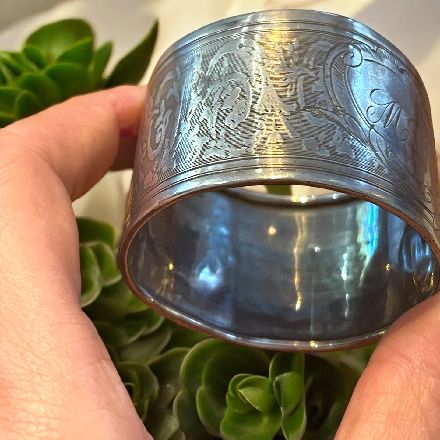 Porta tovagliolo in argento titolo 800, liberty, iniziali M G