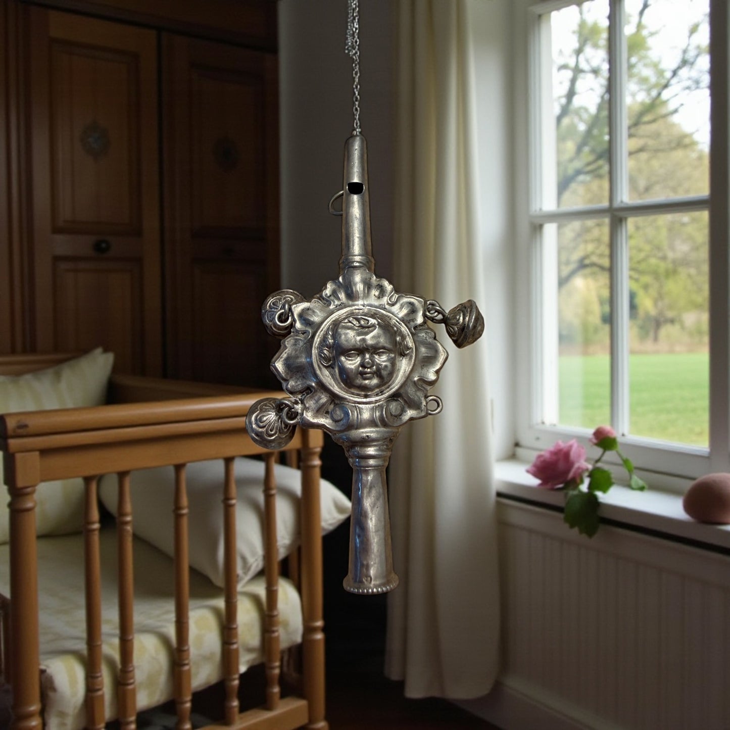 Amuleto/gioco da culla in argento con sonagli, seconda metà ‘800, molto raro