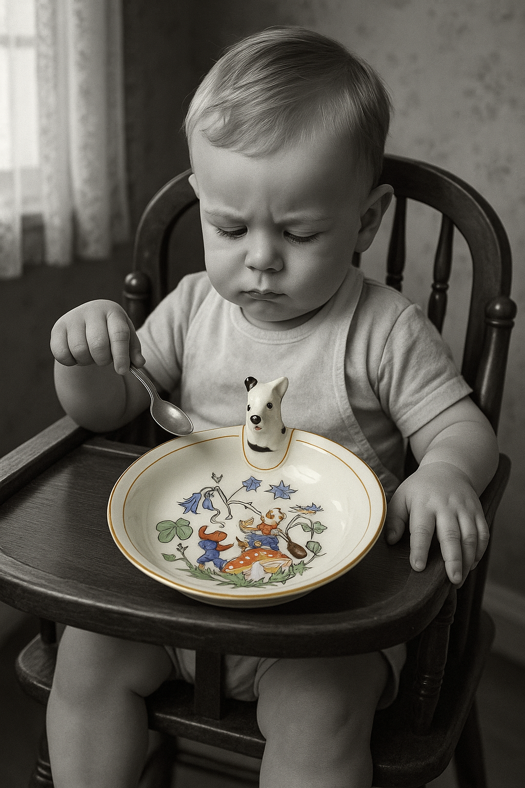 Antico piatto da pappa Limoges bordi oro e tappo a cagnolino, anni ‘50