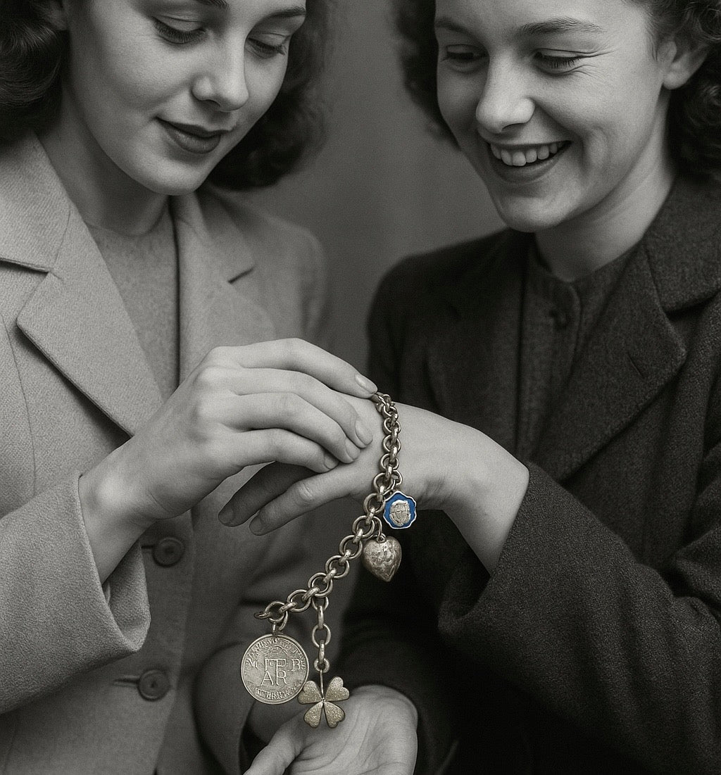 Bracciale porta fortuna in argento anni ‘40 con charms d’epoca