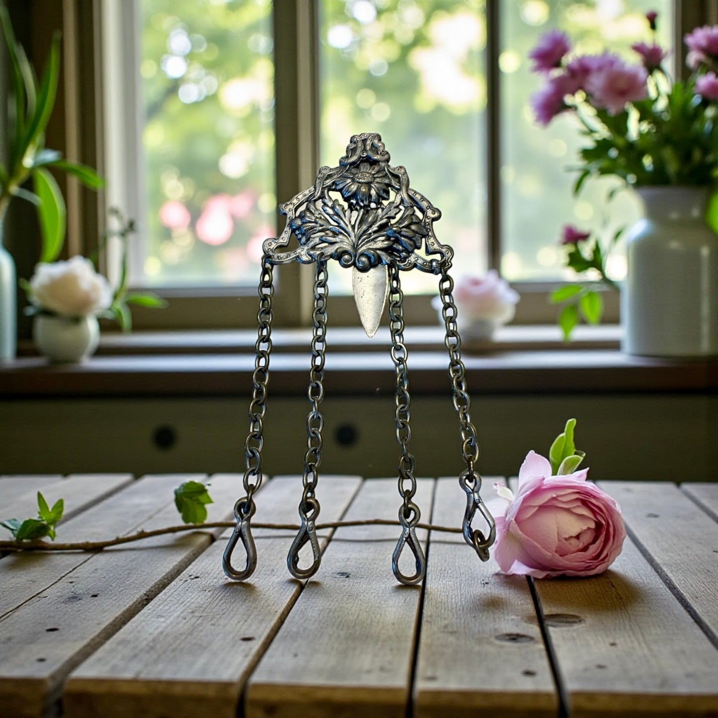 Antica Chatelaine da cintura con quattro catene, motivo floreale con margherita