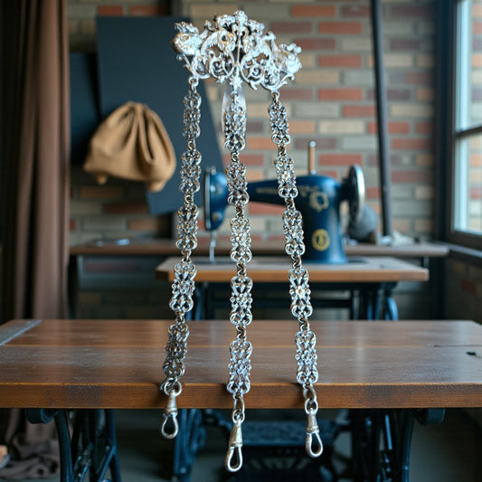 Chatelaine da sarta a 3 catene, riccamente decorata, ca anni ‘30