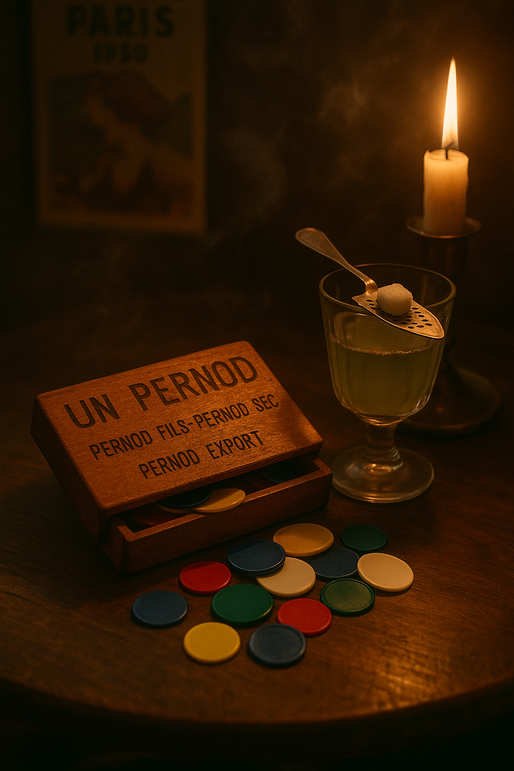 Scatola in legno originale Pernod, fine anni ‘40 completa di gettoni da gioco
