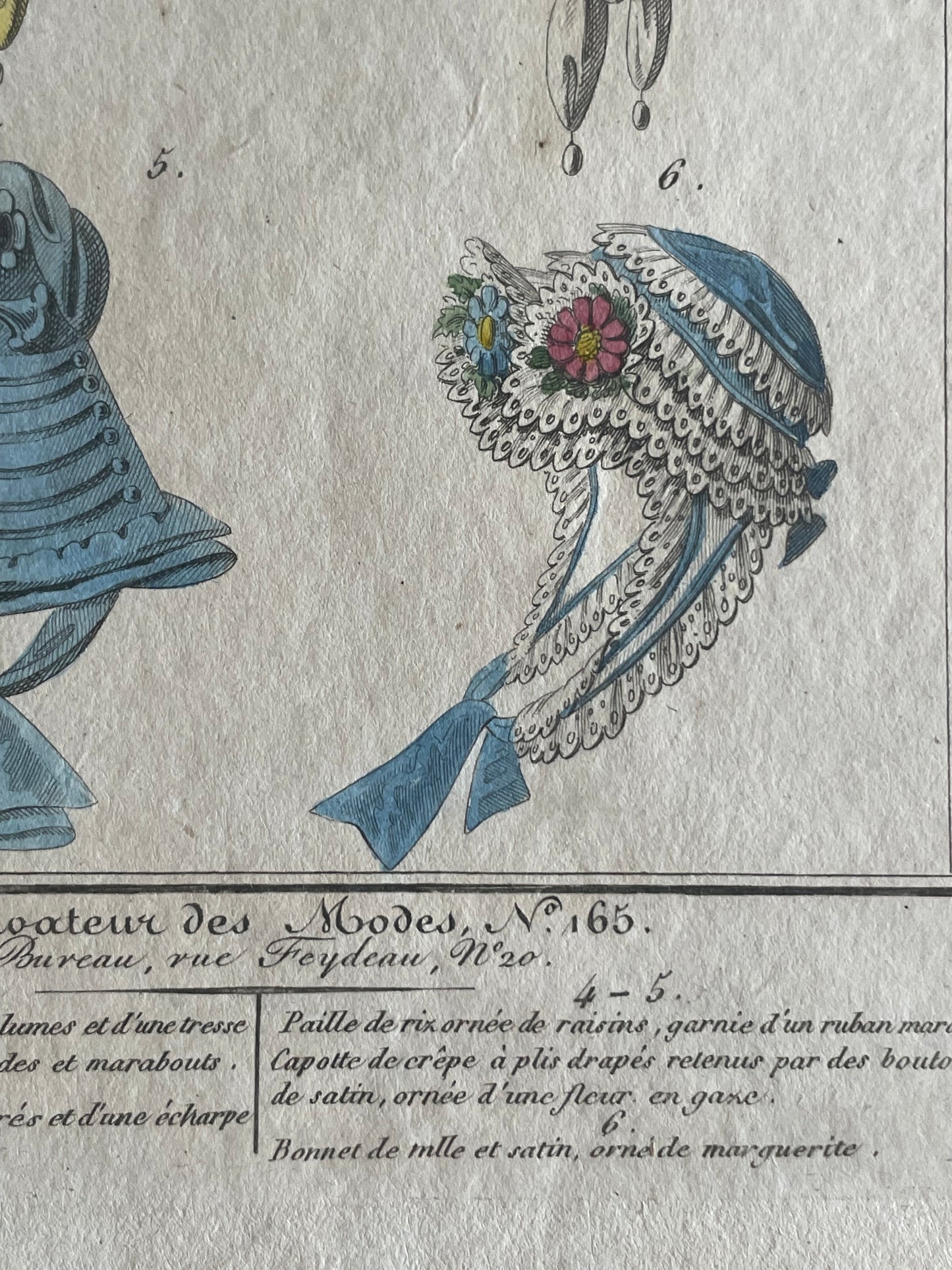 Lotto stampe 1819 acquerellate a mano, cappelli francesi, Observateur des Modes