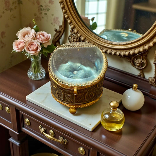 Cofanetto decorato con vetro bisellato e seta capitonné porta gioiello, fine ‘800 primo ‘900