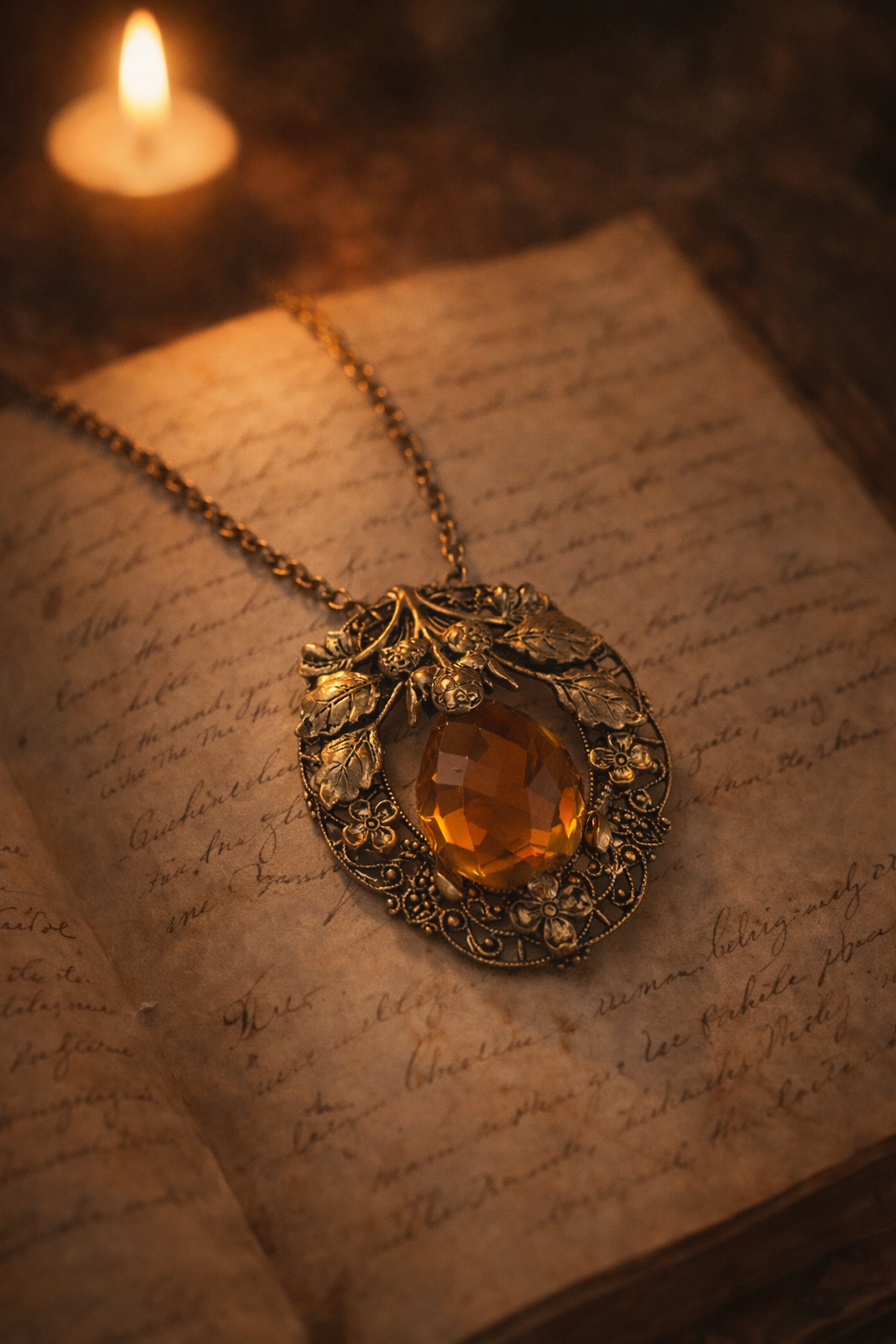 Girocollo liberty d’epoca con chiusura a levetta e splendido pendente fitomorfo con grande vetro sfaccettato color ambra