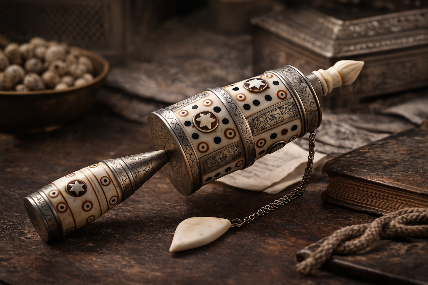 Ruota da preghiera tibetana in osso lavorato e decorato