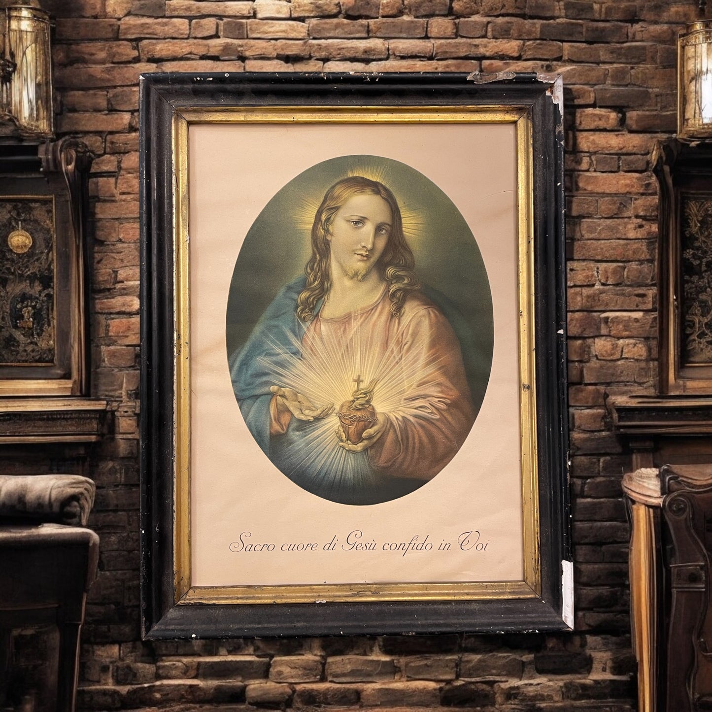Quadro bifronte - stampa sacra ed insegna vino con marca da bollo, 1890 - 1910