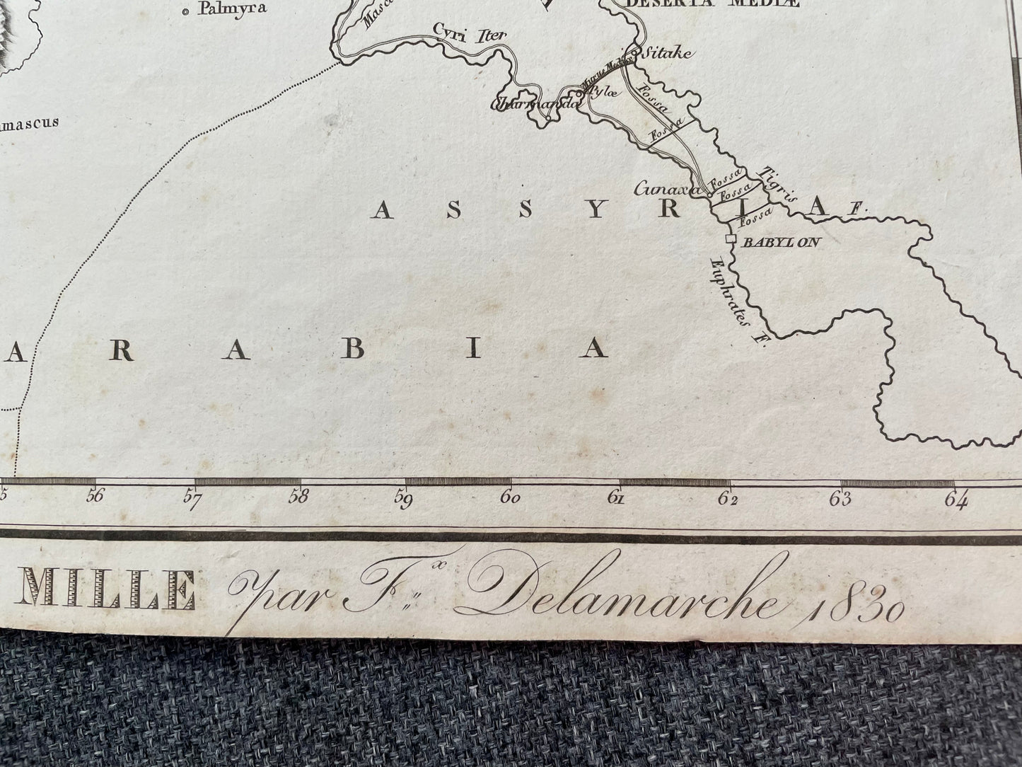 Antica mappa incisione rame Delamarche 1830, ritirata dei 10.000 (Anabasi Senofonte)