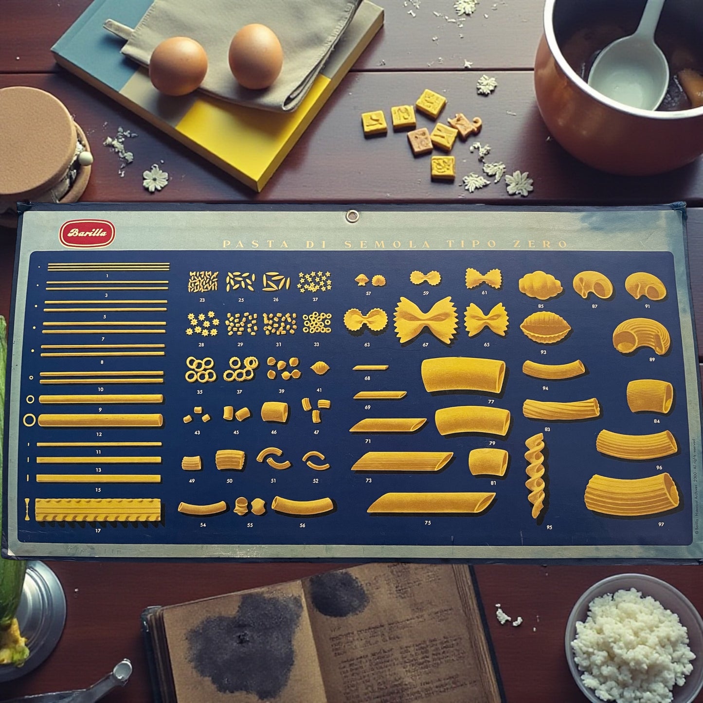 Insegna réclame cartonato Barilla vintage con 97 formati di pasta