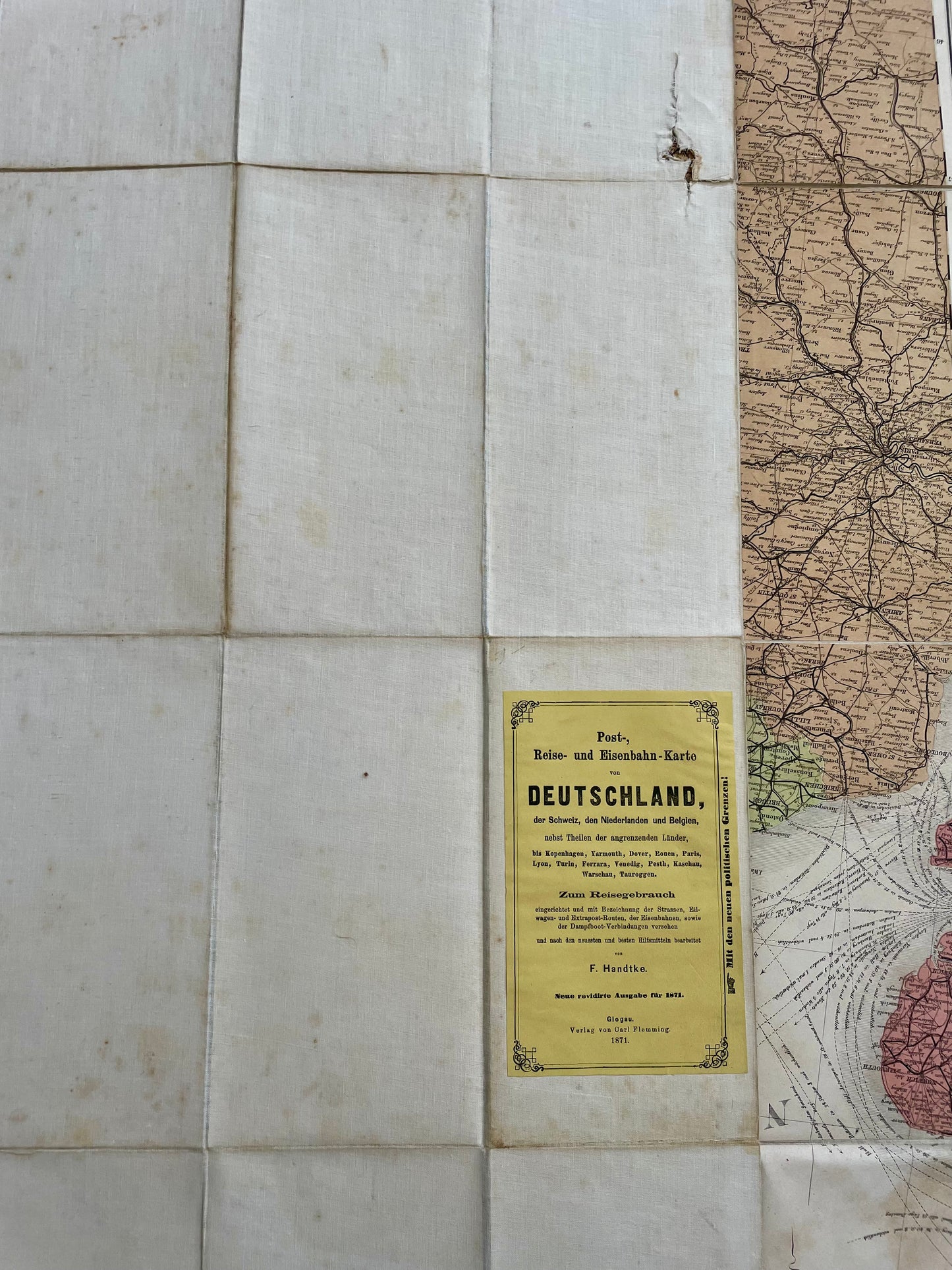 Grande cartina mappa 1871 Impero Tedesco Handtke e Flemming telata ca 105 cm