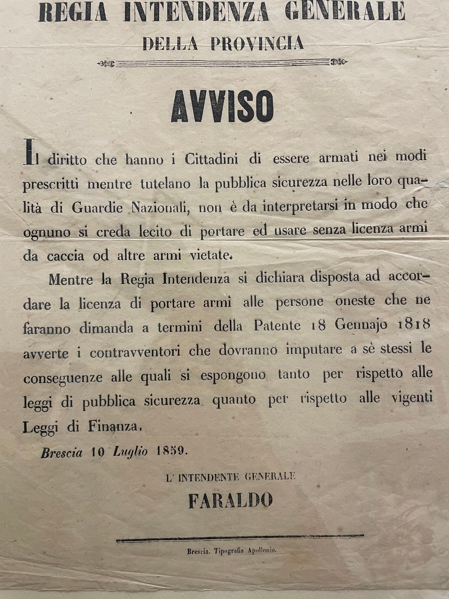 Avviso Regio Brescia 1859 sulla detenzione di armi, documento originale