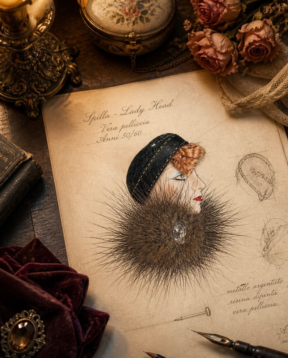 Spilla vintage Ladyhead con capelli ramati e pelliccia