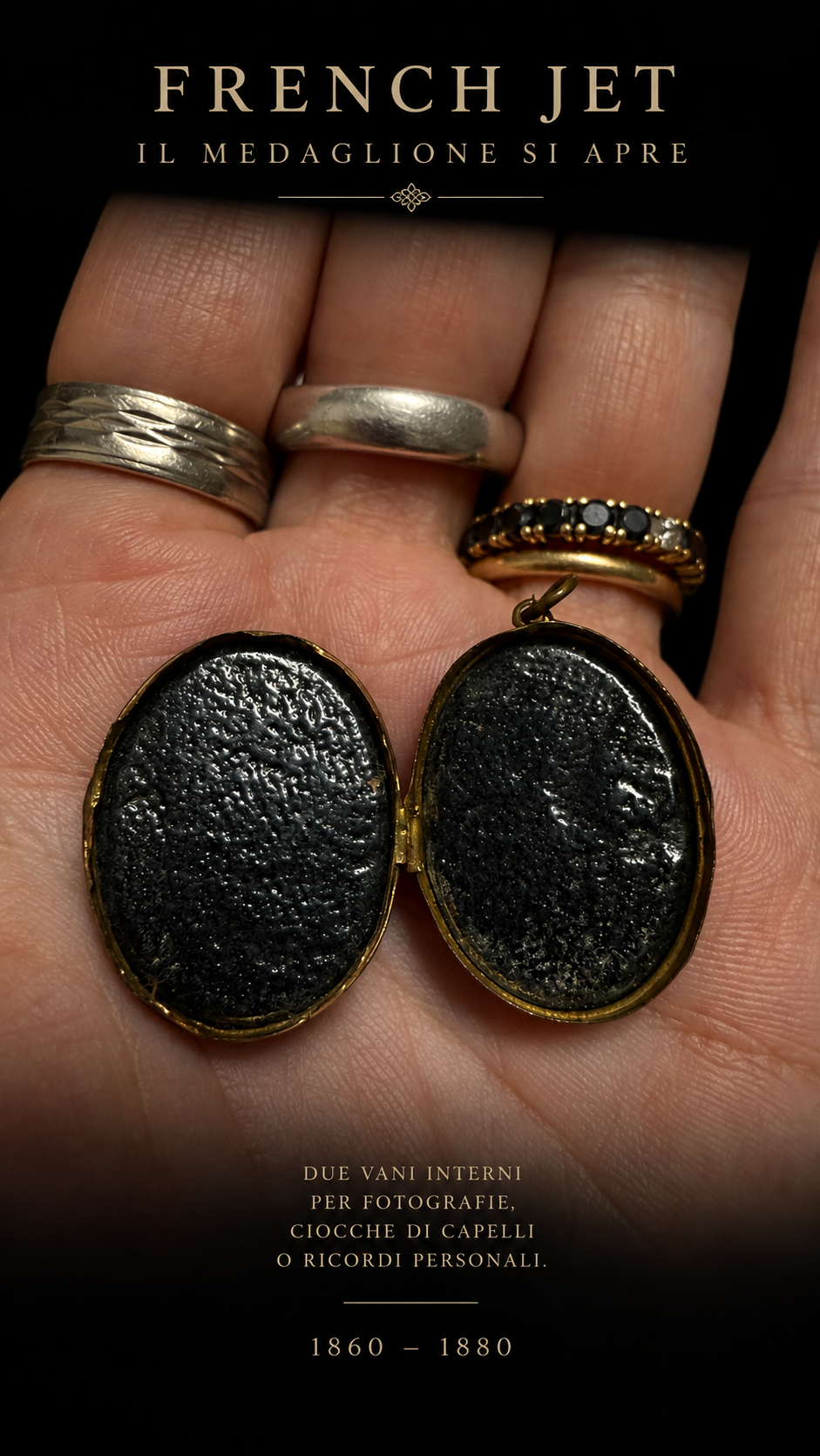 Stupendo pendente locket apribile mourning jewel in French Jet vittoriano