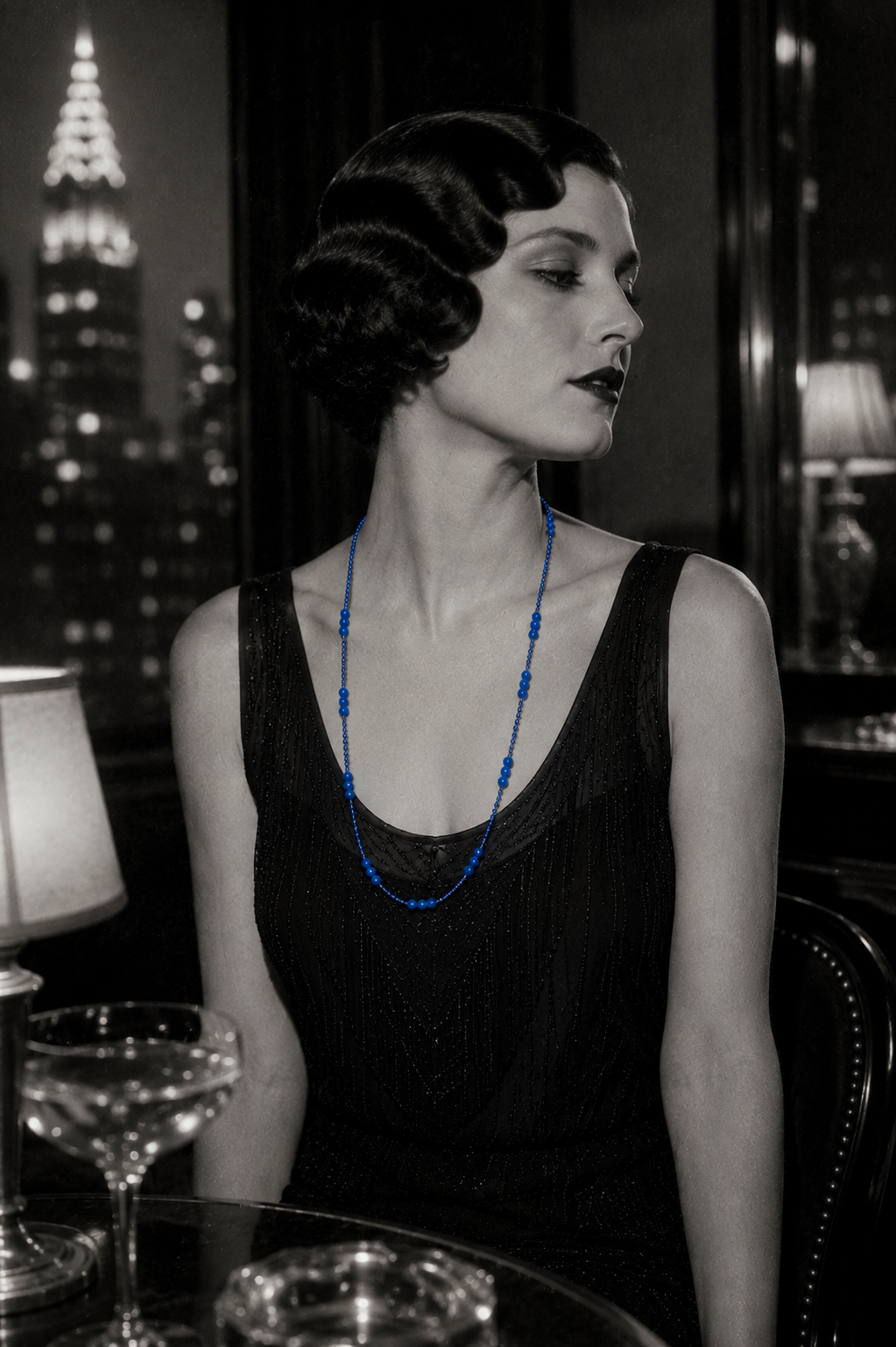 Collana jazz age blu elettrico anni 20-30 americana reinfilata
