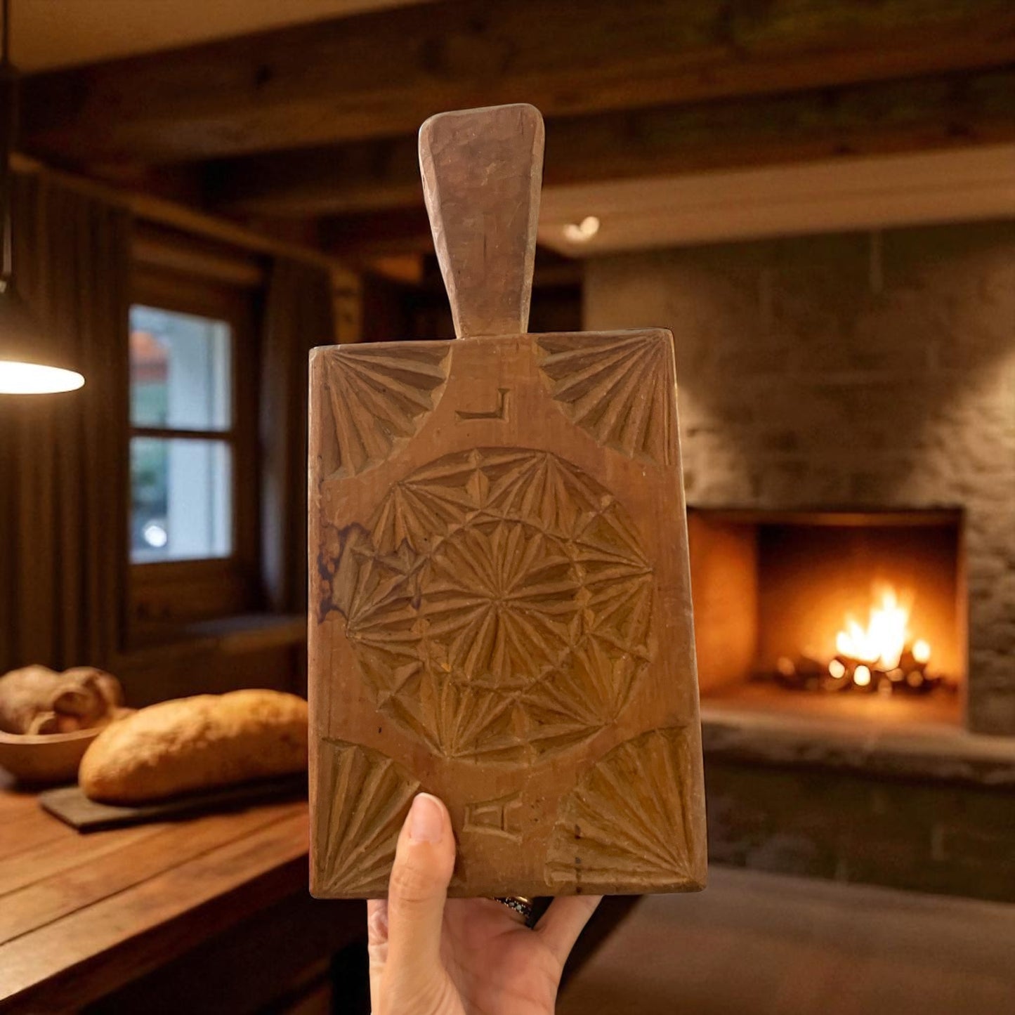 Stampo per pane antico in legno, con iniziali, primo ‘900