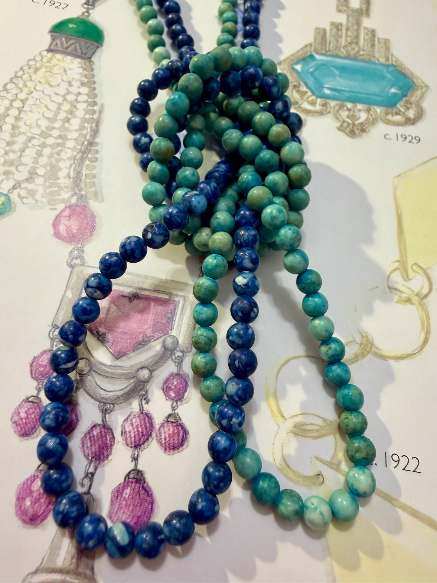 Coppia collane anni ‘20 turchese e lapis grezzi in perle