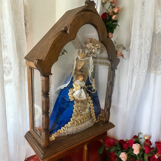 Madonna e bambino in cera in teca lignea, anni ‘50 arte fiamminga