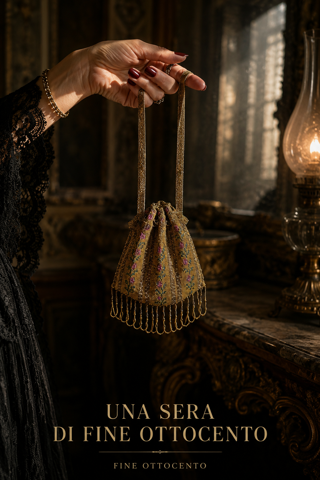 Antica borsa fine Ottocento in perline aumonière floreale con interno seta