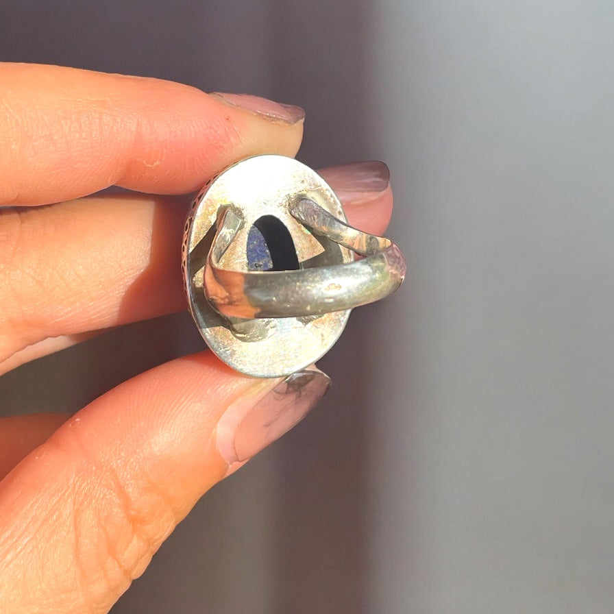 Grande anello vintage argento massiccio titolo 925 e cabochon lapislazzuli