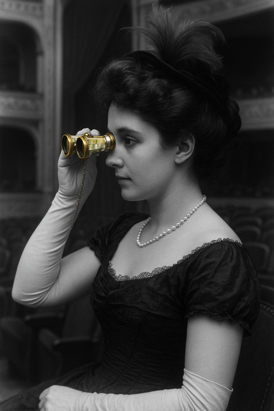 Binocolo da teatro ottone e madreperla con custodia e catenina, 1890-1910