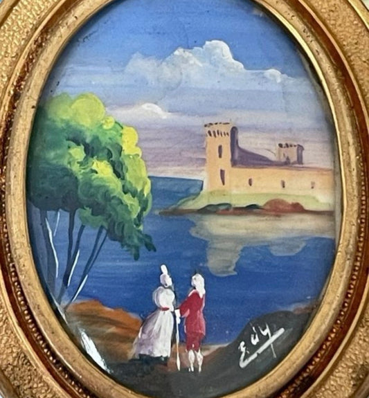 Spilla antica primo ‘900 con miniatura acquerellata firmata