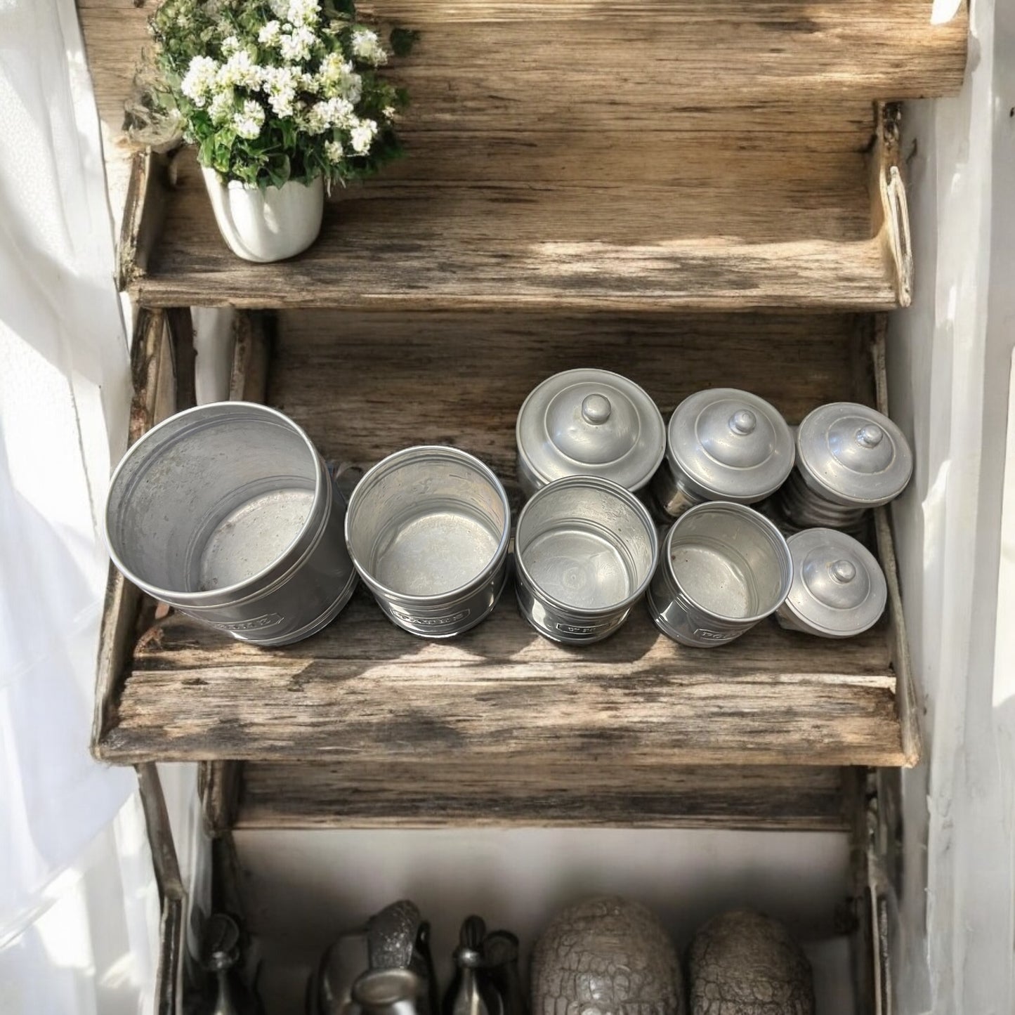 Set 4 barattoli da cucina vintage in alluminio provenzali anni 40 con targhette