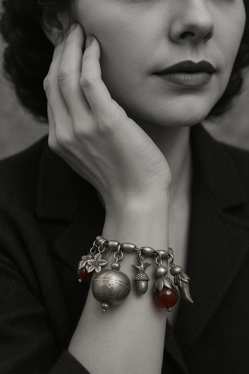 Bracciale in argento massiccio e corniola con simboli di fertilità, anni ‘40
