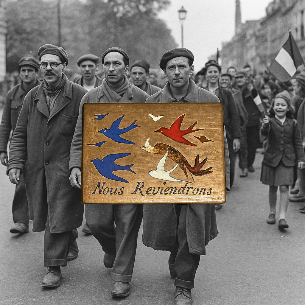 Spilla della resistenza francese, “Nous Reviendrons” motto prigionieri Les Hirondelles