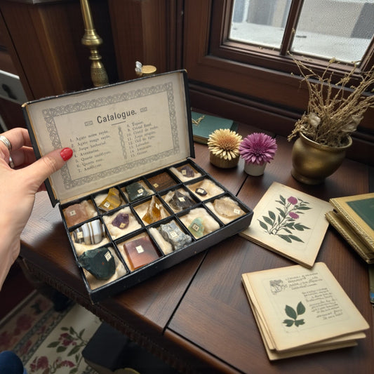 Splendido cofanetto di mineralogia di primo novecento didattico, completo con 15 pezzi