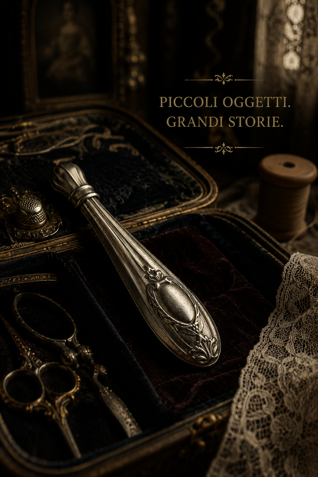 Antico needle case porta aghi in metallo bianco con cartiglio per iniziali