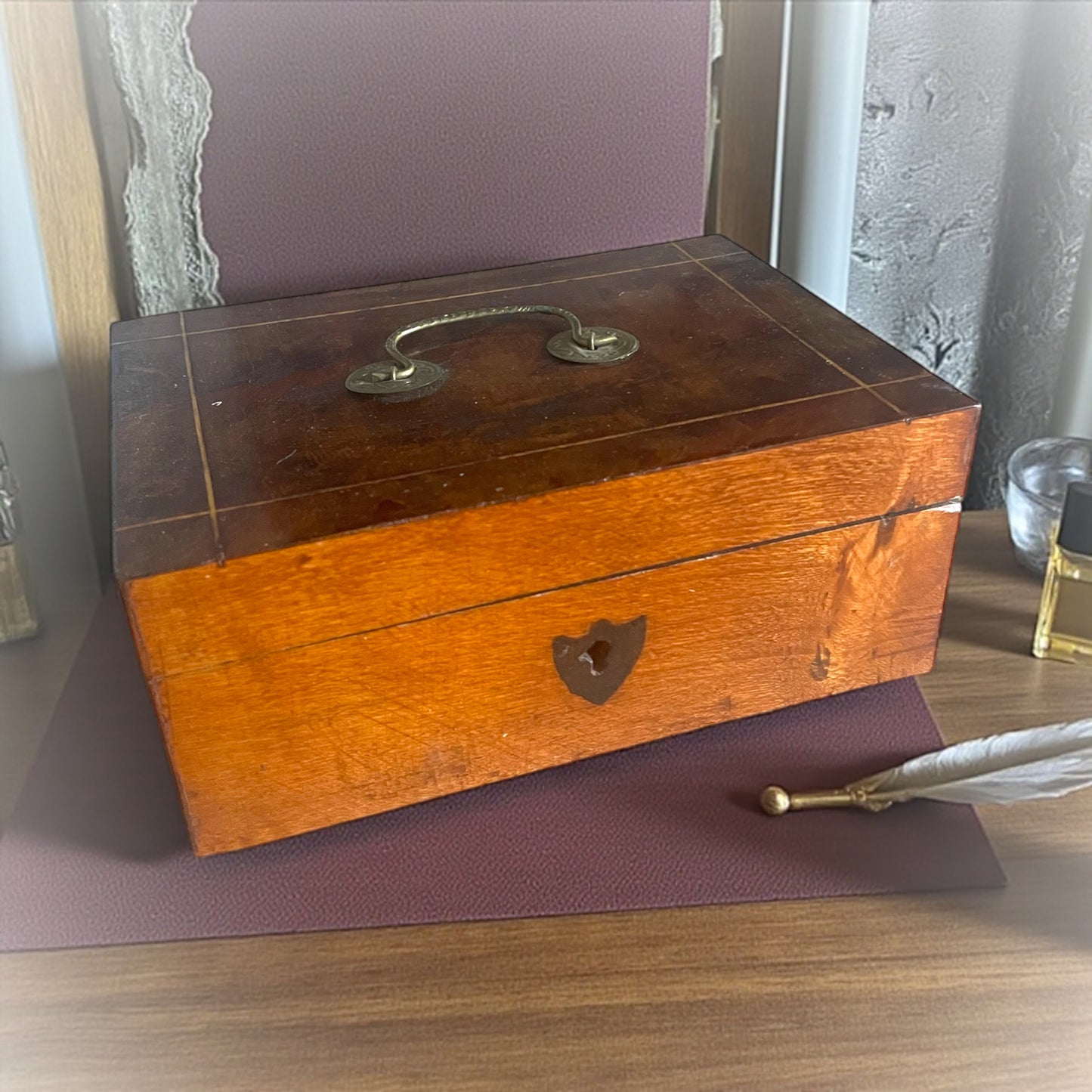 Cofanetto scatola porta gioie fine ‘800 con specchio e rivestimento in verde arsenicale