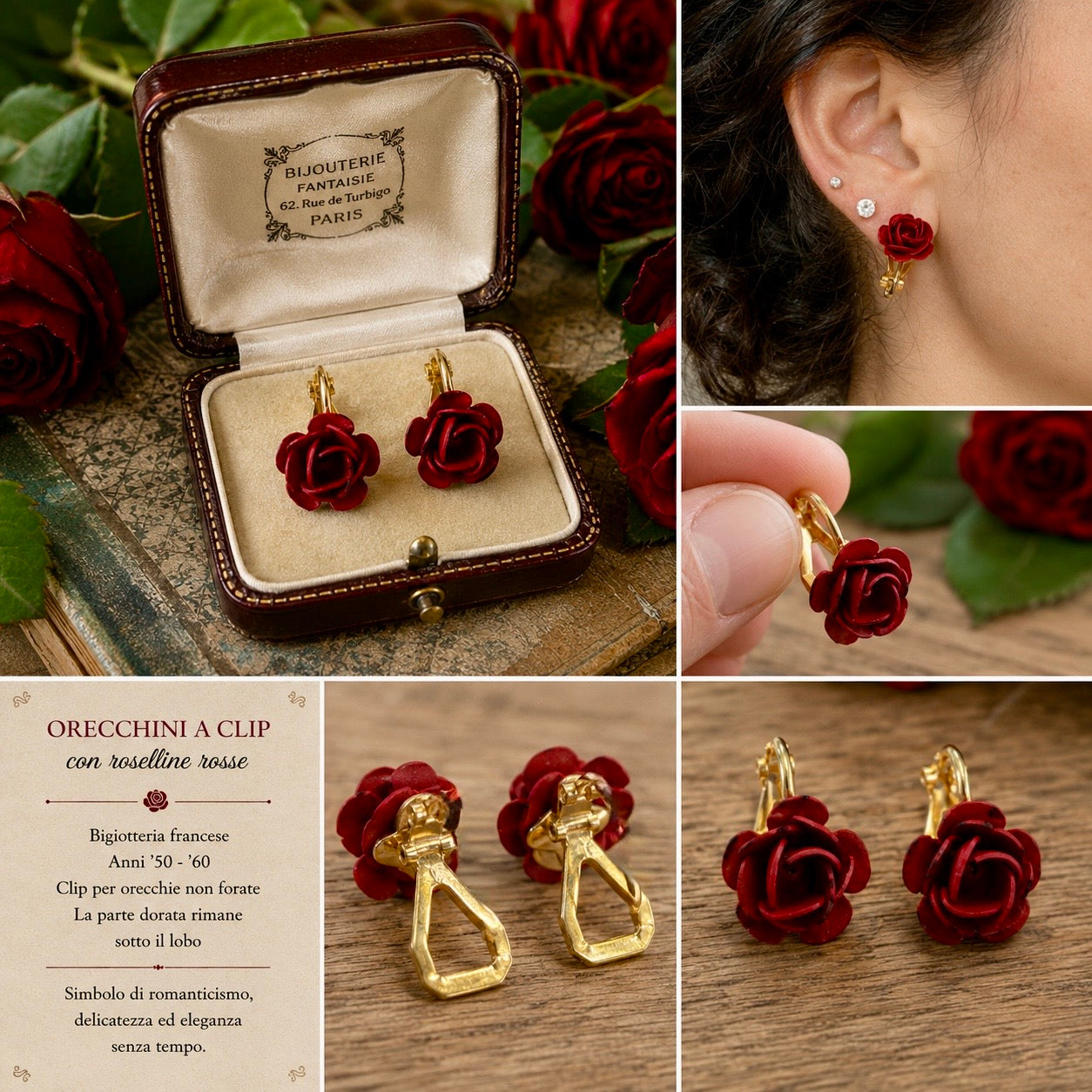 Orecchini con clip dorata a guisa di rose rosse, francesi anni ‘50-‘60