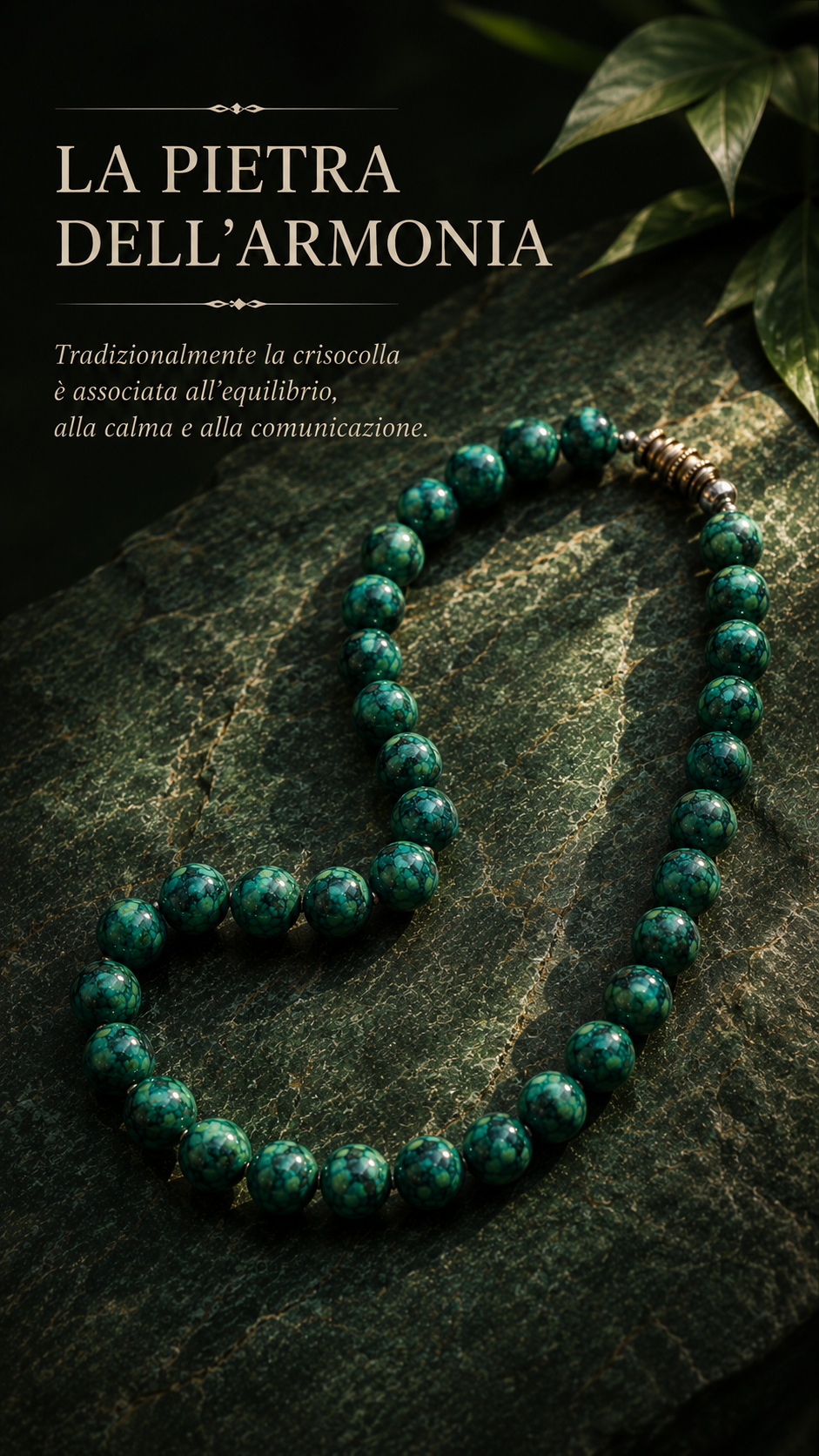 Splendida collana in autentiche perle di crisocolla verde con chiusura a vite a scomparsa