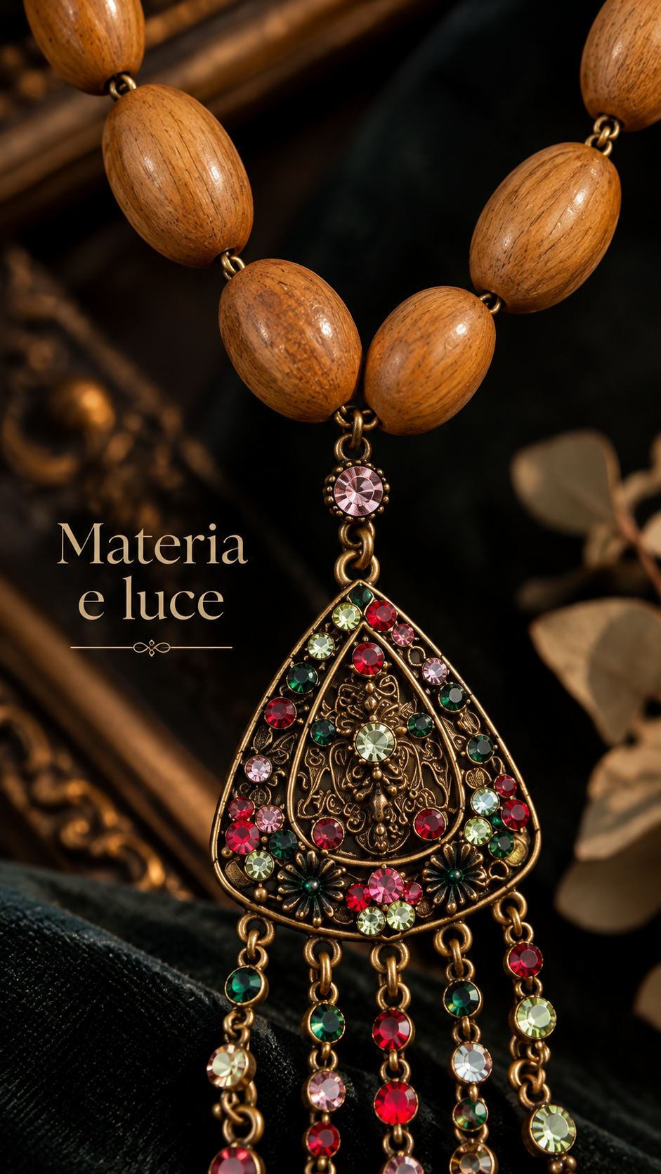 Collana perle di legno degradé anni 60 con pendente luminoso vintage