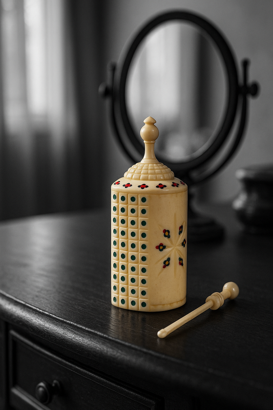 Contenitore per polveri per uso personale, antico, decorato, con dosatore