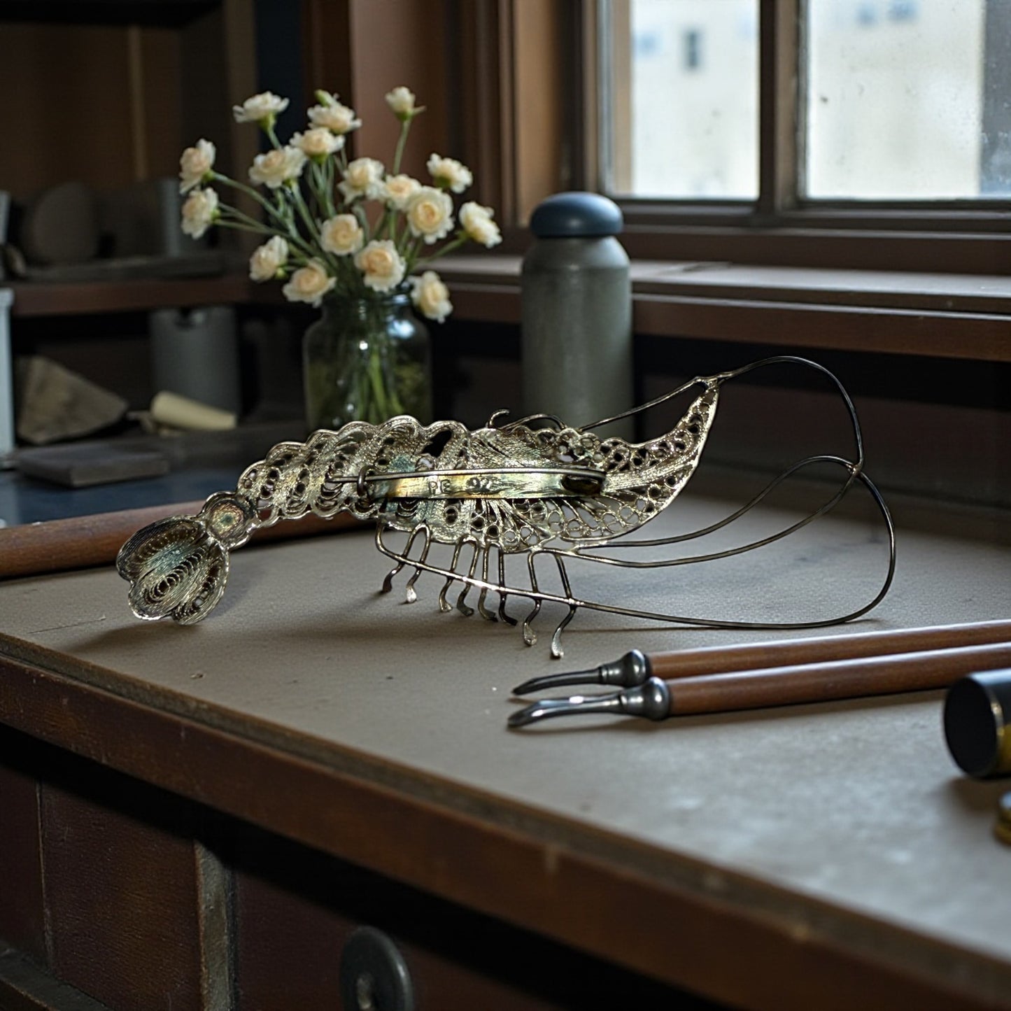 Spilla in filigrana d’argento a guisa di gambero, primi decenni ‘900