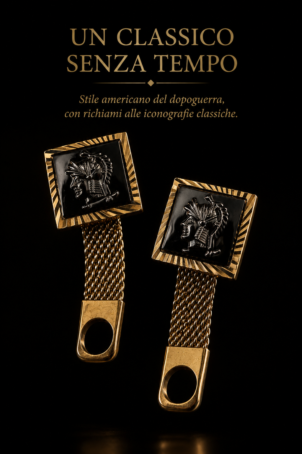 Gemelli da uomo con catena a maglia dorata e cammeo guerriero in ematite