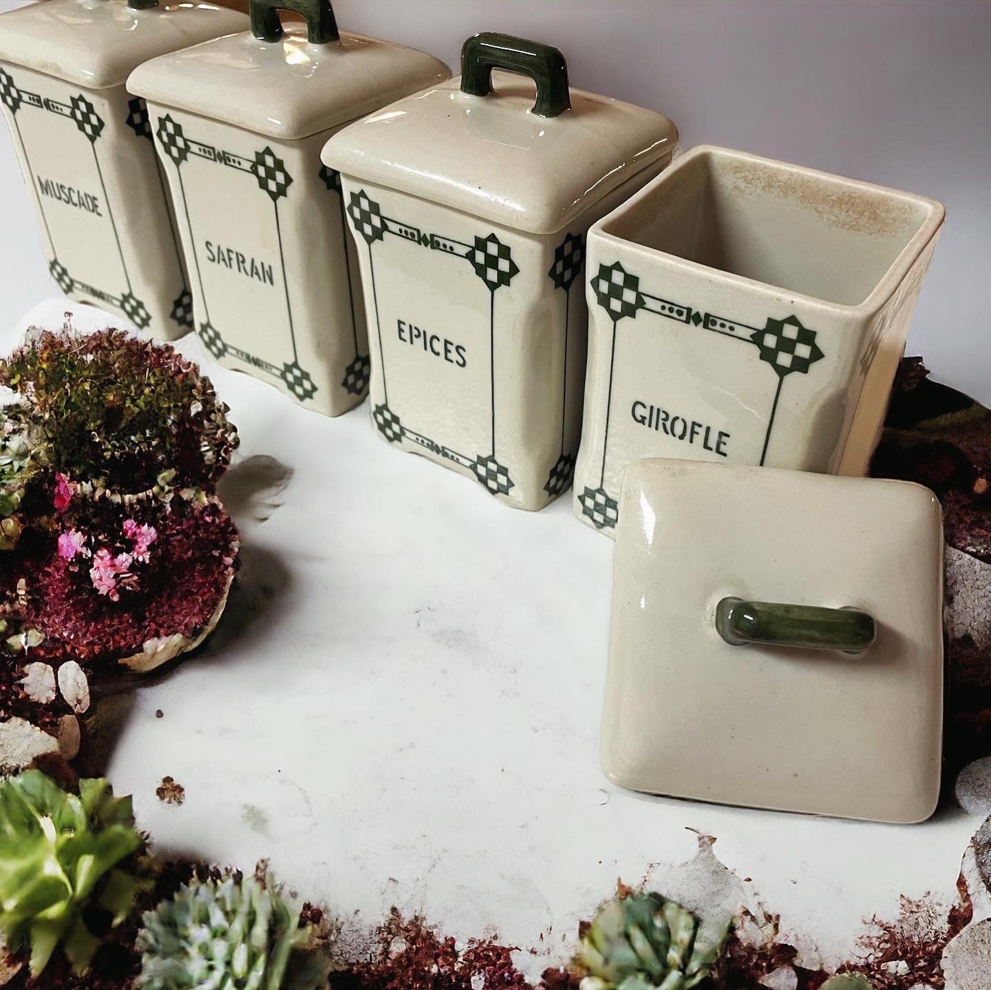 Set of 4 antique ceramic spice jars