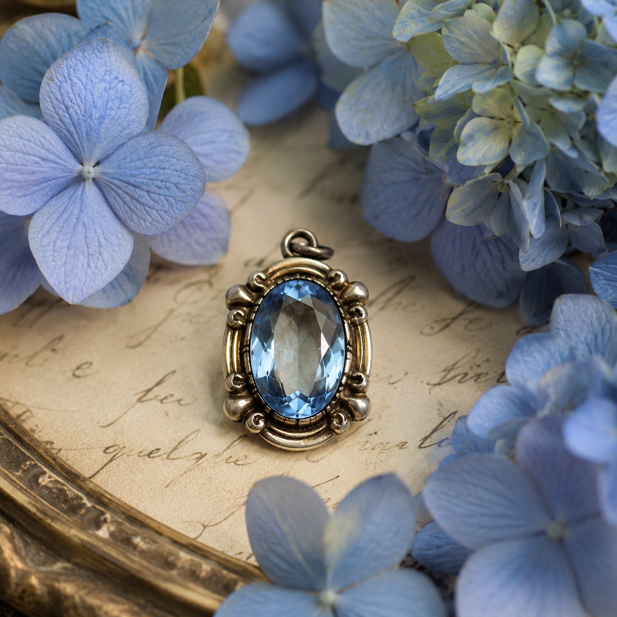 Pendente argentato con cristallo azzurro Liberty in scrigno d’epoca coevo