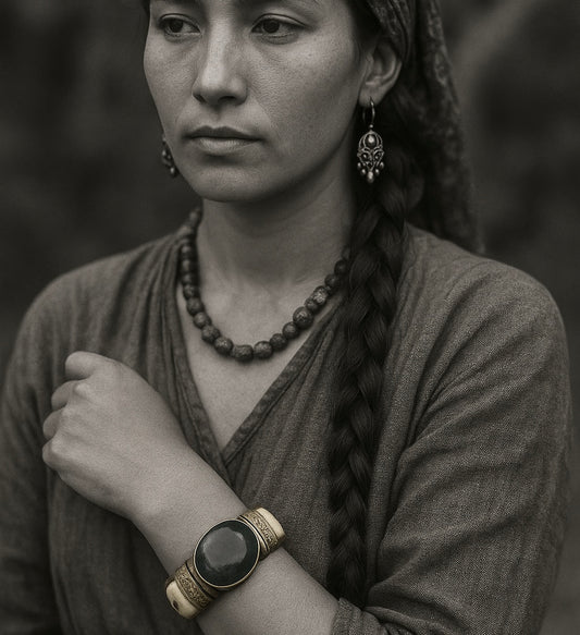 Bracciale rigido in osso con chiusura a baionetta, decorazioni in ottone e cabochon centrale pietra dura