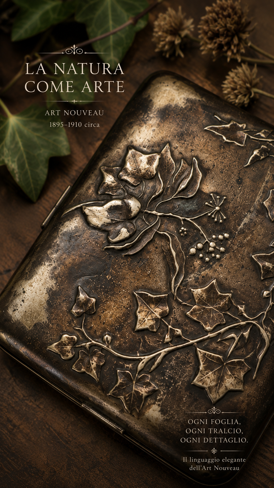 Antico portasigarette Art Nouveau a motivo d’edera con elastici originali d’epoca, fine ‘800 - primo ‘900