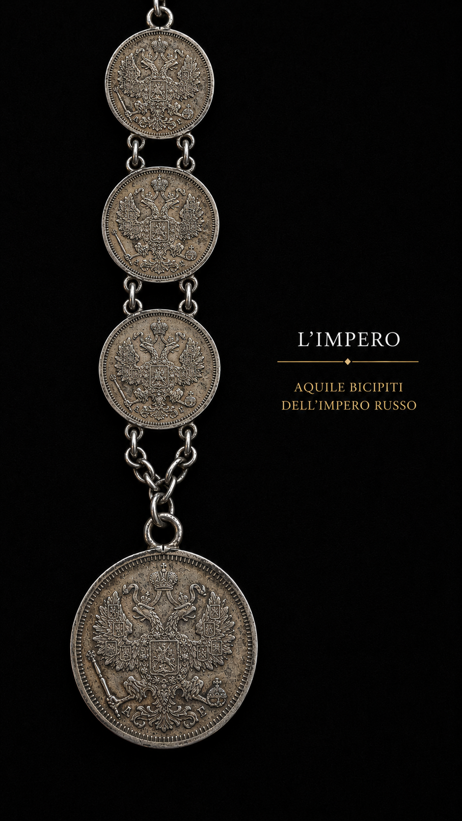 Guard chain o catena da panciotto con monete copechi russi in argento 1886-1891, pezzo unico su commissione